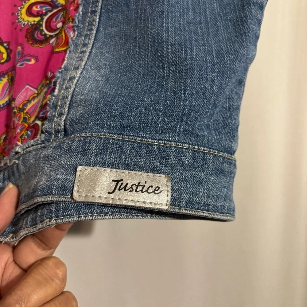 Justice size 14 Girls Embellished Denim Vest with Pink Accents Paisley Fabric